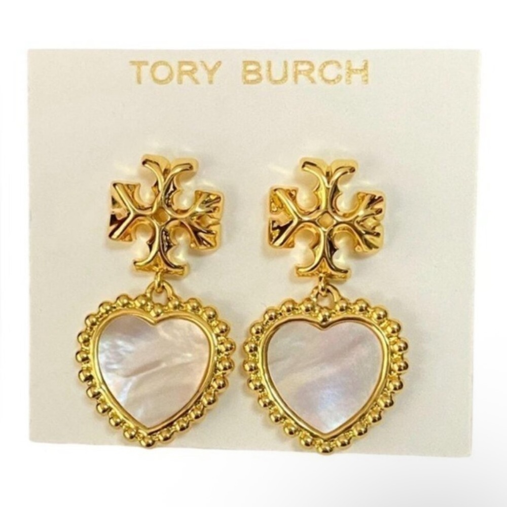 NWT Tory Burch Gold and mother of Pearl Heart Earrings - Picture 2 of 3